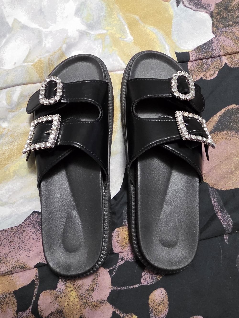 Black Slide Sandals with Crystal Buckles Brand New Never Worn